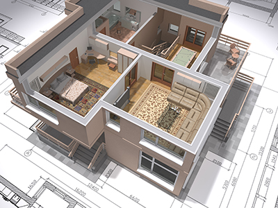 3D isometric view of the cut residential house on architect drawing.